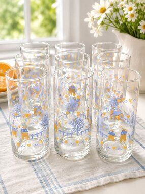 Vintage Set of 9 Glass Cup Drinking Glasses Country House Heart Tree Pink Purple